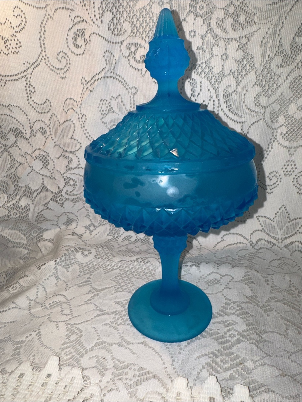 vintage Indiana Glass blue satin Diamond Point pedestal candy dish with a lid.
